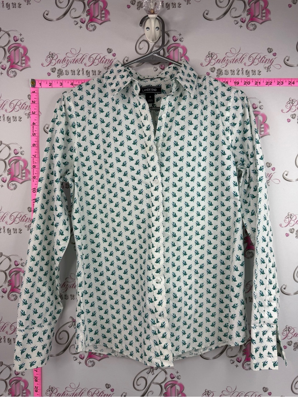Lands' End shirt long sleeve White Button-Up Shirt with Teal Leaf Print